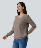 V Neck Long Sleeve Casual Top with Chest Pocket — Mocha Meringue — view 3