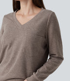 V Neck Long Sleeve Casual Top with Chest Pocket — Mocha Meringue — view 5