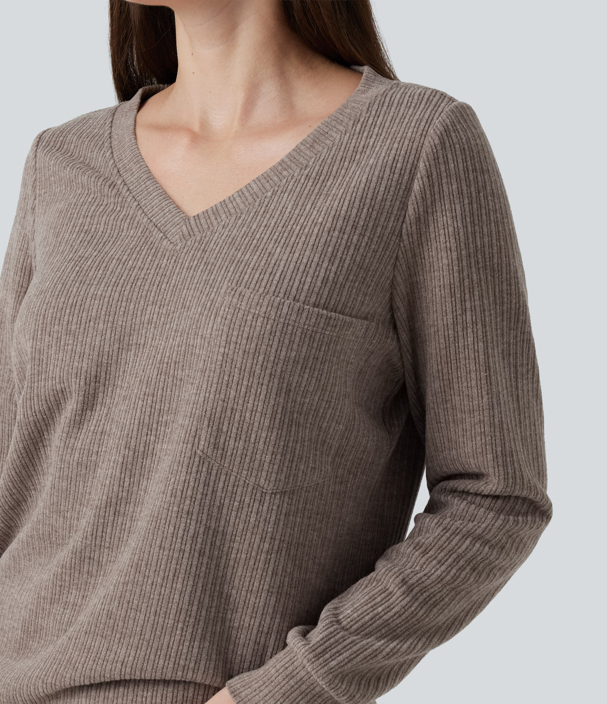 V Neck Long Sleeve Casual Top with Chest Pocket — Mocha Meringue — view 5