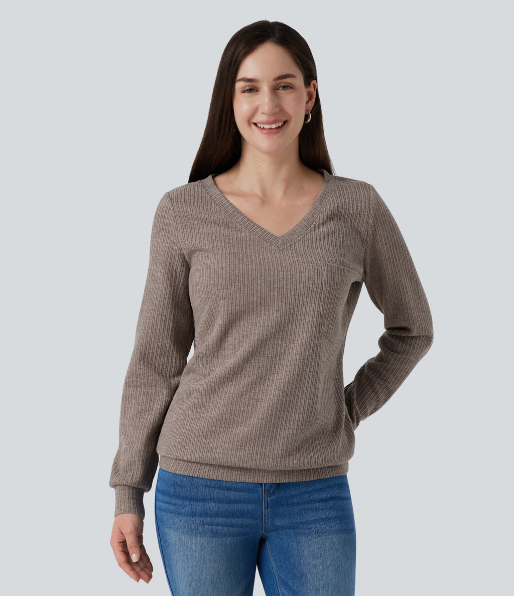 V Neck Long Sleeve Casual Top with Chest Pocket — Mocha Meringue — view 4
