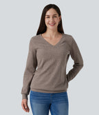V Neck Long Sleeve Casual Top with Chest Pocket — Mocha Meringue — view 4