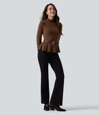 Ribbed Knit Mock Neck Long Sleeve Slim Ruffle Hem Casual Top — Redwood Bark — view 4