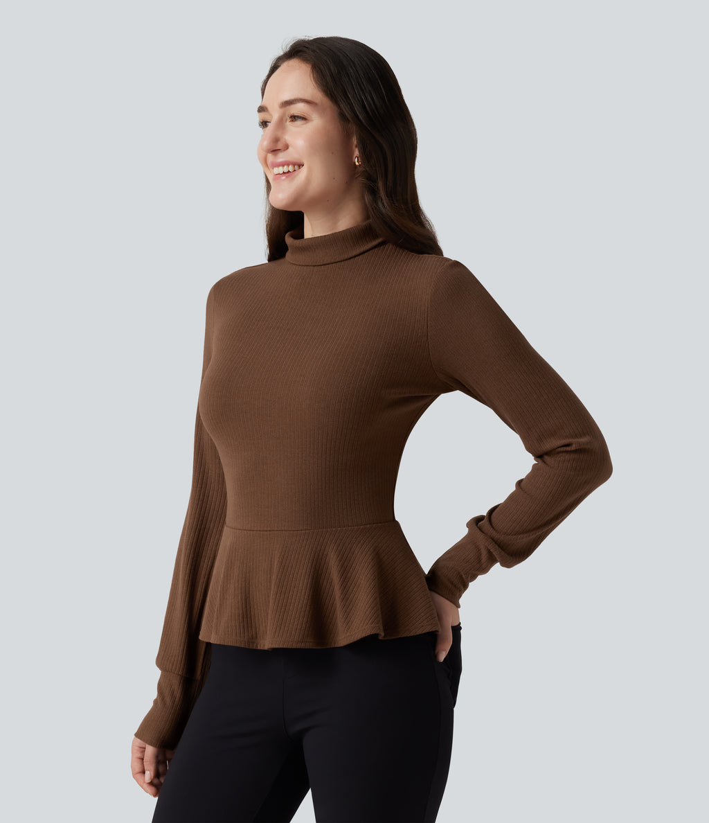 Ribbed Knit Mock Neck Long Sleeve Slim Ruffle Hem Casual Top — Redwood Bark — view 3