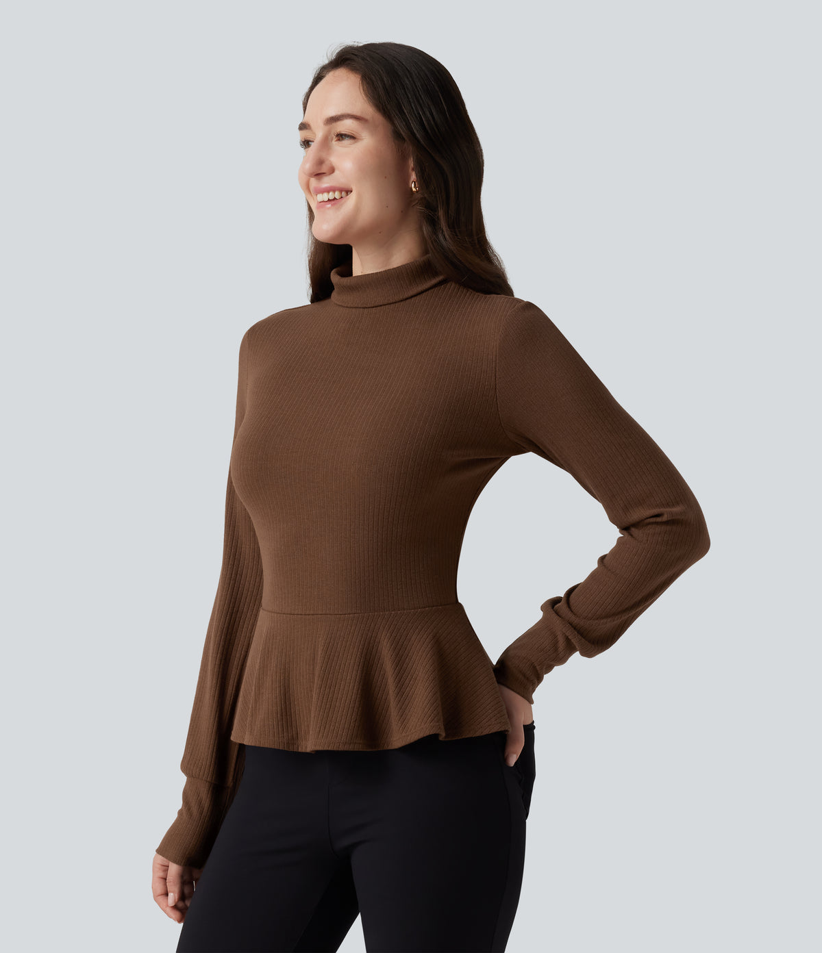 Ribbed Knit Mock Neck Long Sleeve Slim Ruffle Hem Casual Top — Redwood Bark — view 3