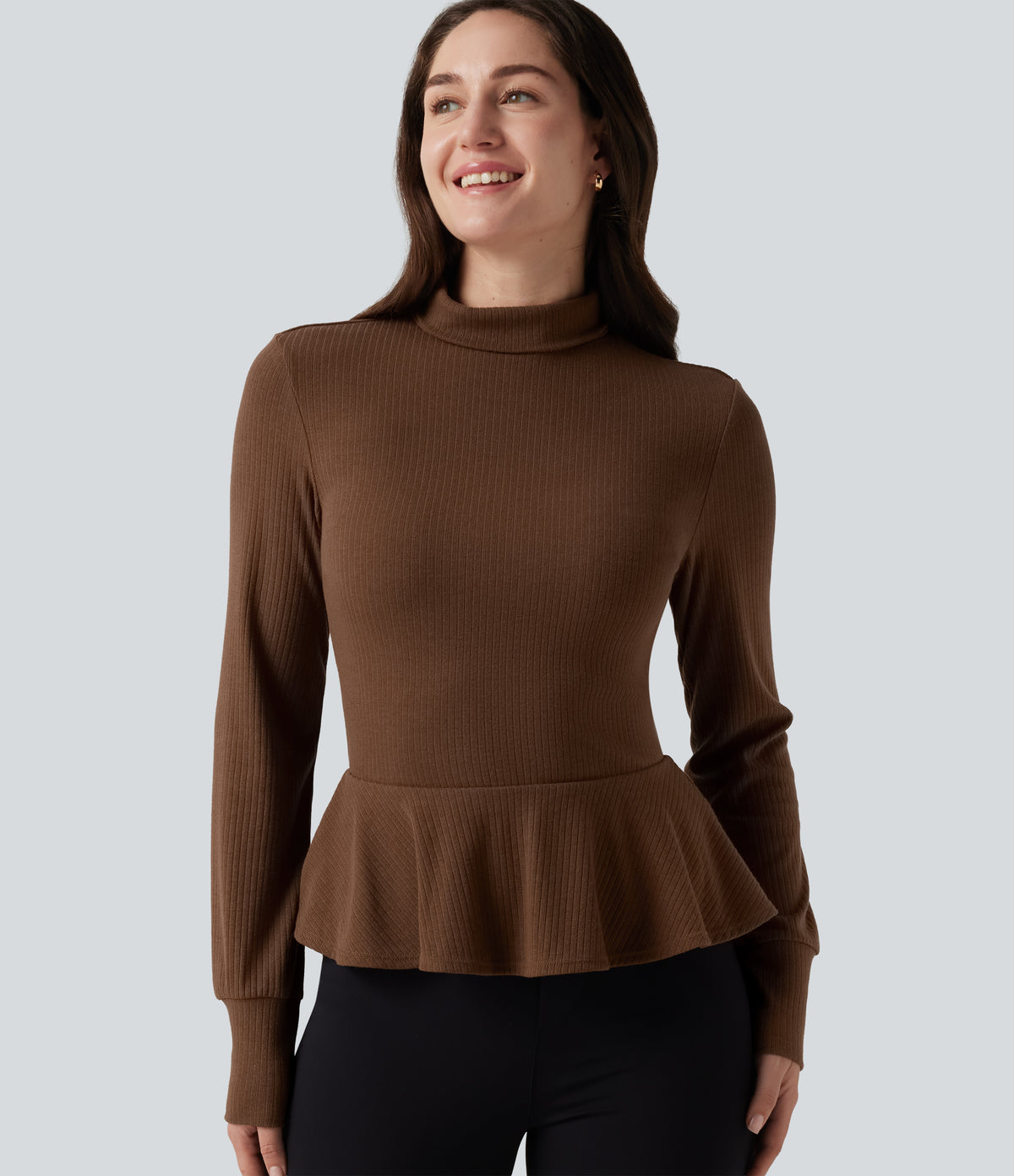 Ribbed Knit Mock Neck Long Sleeve Slim Ruffle Hem Casual Top — Redwood Bark — view 5