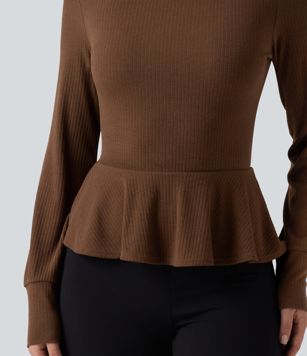 Ribbed Knit Mock Neck Long Sleeve Slim Ruffle Hem Casual Top — Redwood Bark — view 6