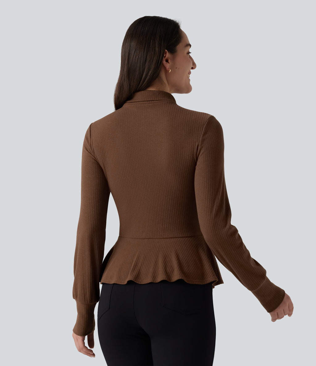 Ribbed Knit Mock Neck Long Sleeve Slim Ruffle Hem Casual Top — Redwood Bark — view 2