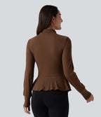 Ribbed Knit Mock Neck Long Sleeve Slim Ruffle Hem Casual Top — Redwood Bark — view 2