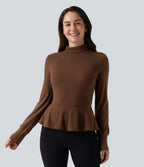 Ribbed Knit Mock Neck Long Sleeve Slim Ruffle Hem Casual Top — Redwood Bark — view 1