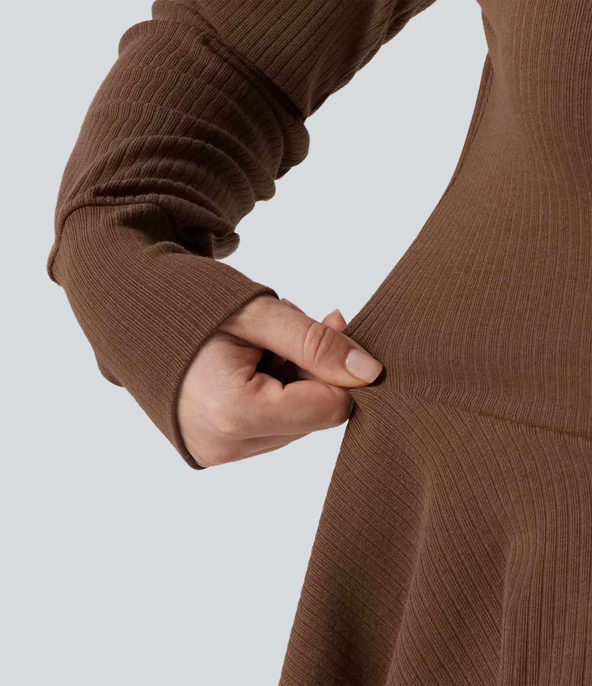 Ribbed Knit Mock Neck Long Sleeve Slim Ruffle Hem Casual Top — Redwood Bark — view 7