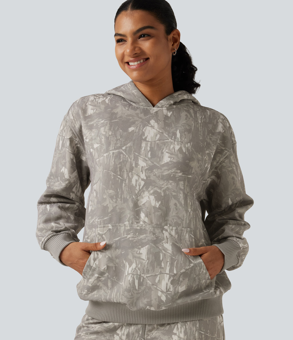 Hooded Long Sleeve Casual Sweatshirt with Pocket — Sand Grey Brushwood — view 4