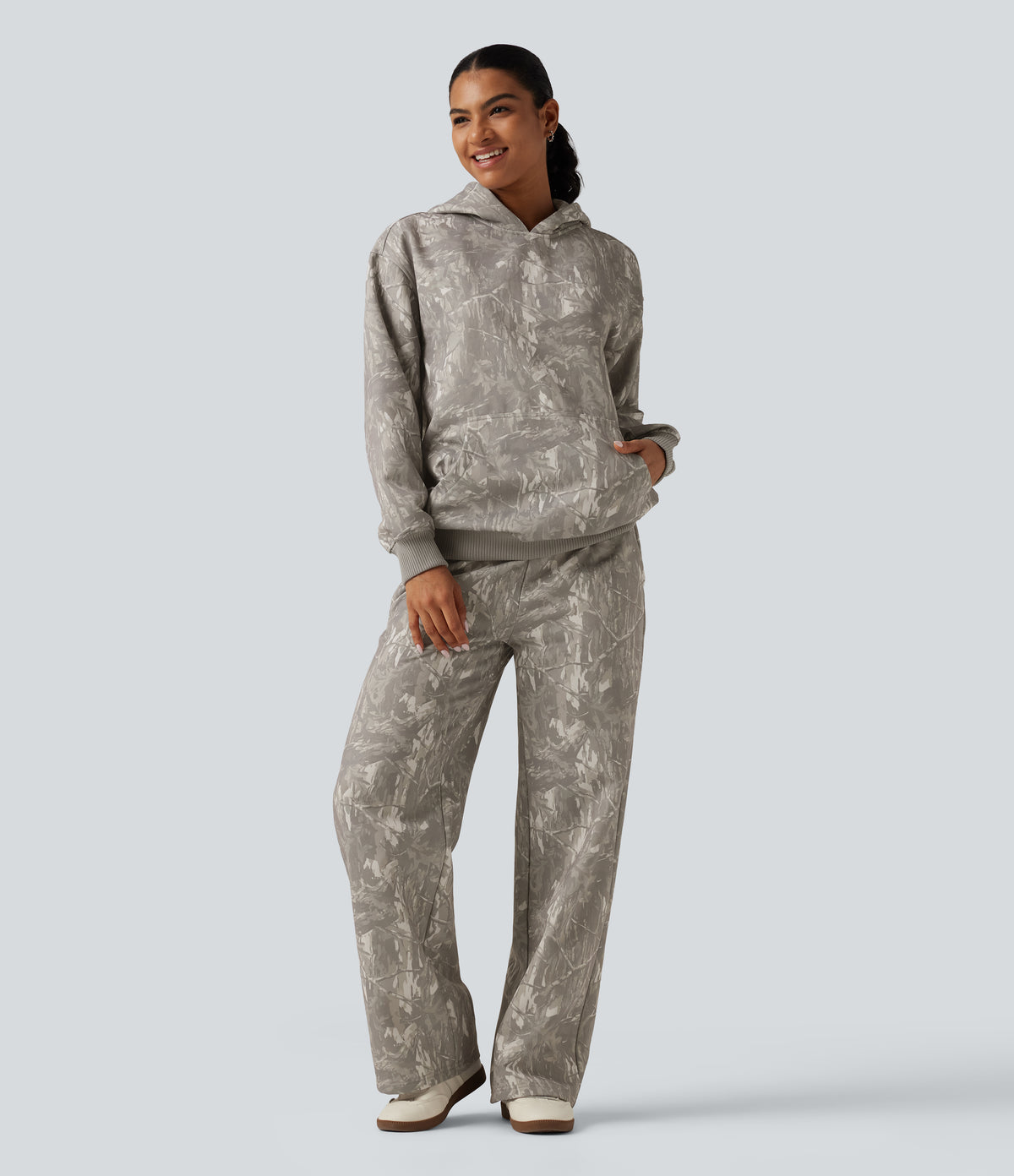 Hooded Long Sleeve Casual Sweatshirt with Pocket — Sand Grey Brushwood — view 7