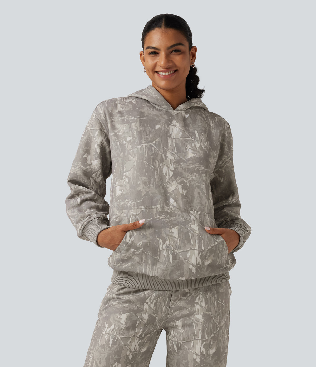 Hooded Long Sleeve Casual Sweatshirt with Pocket — Sand Grey Brushwood — view 1