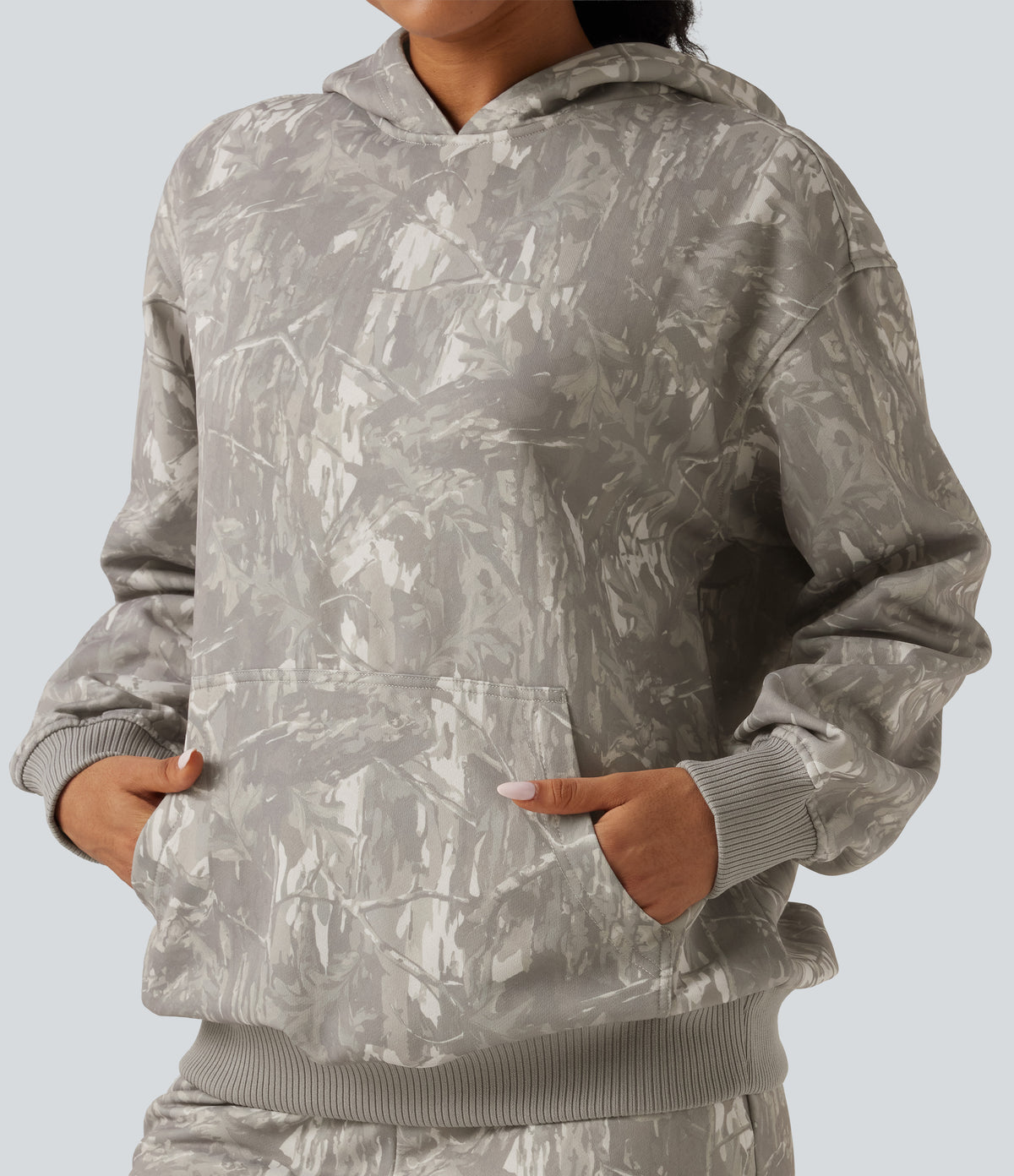 Hooded Long Sleeve Casual Sweatshirt with Pocket — Sand Grey Brushwood — view 6