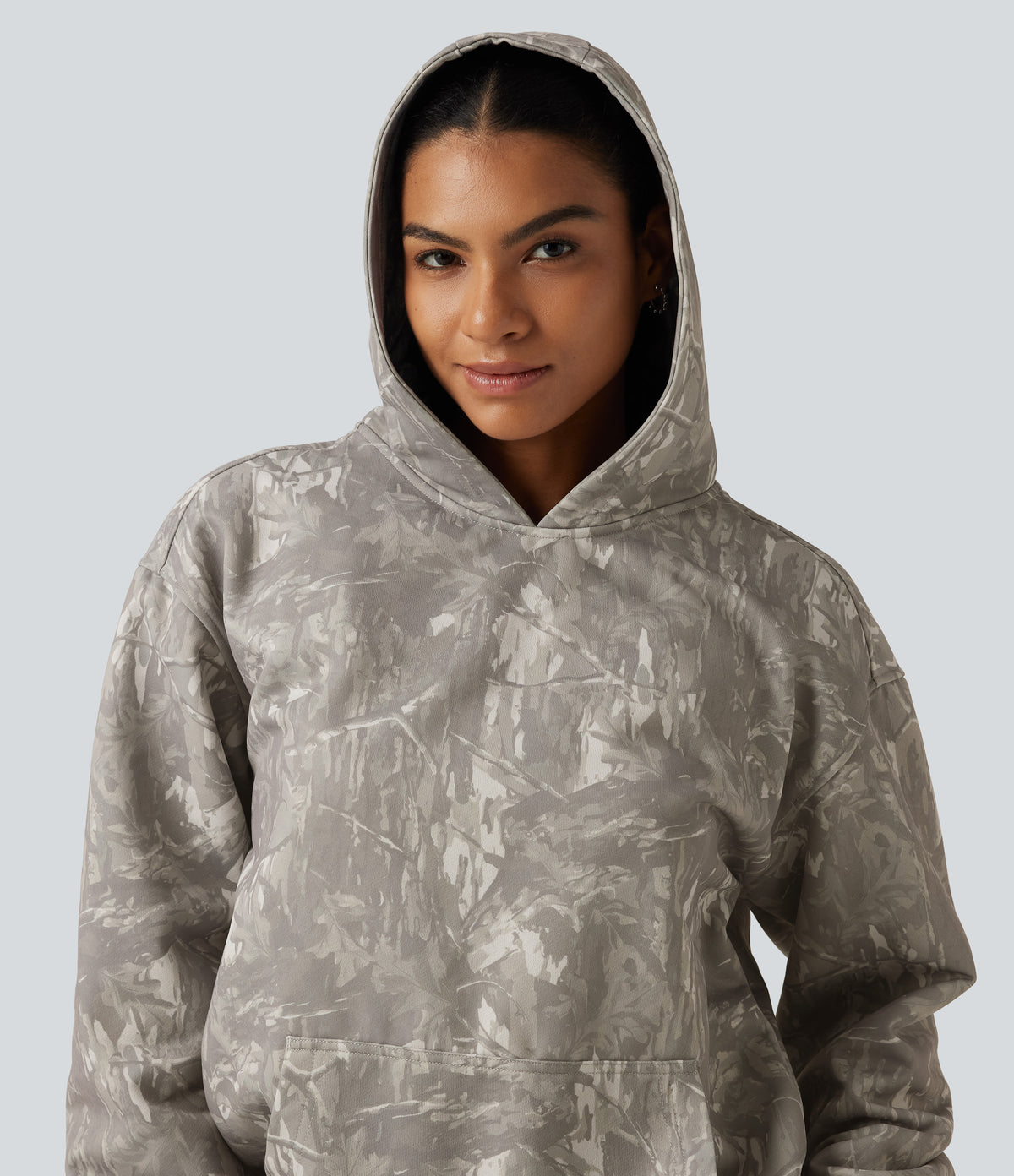 Hooded Long Sleeve Casual Sweatshirt with Pocket — Sand Grey Brushwood — view 5
