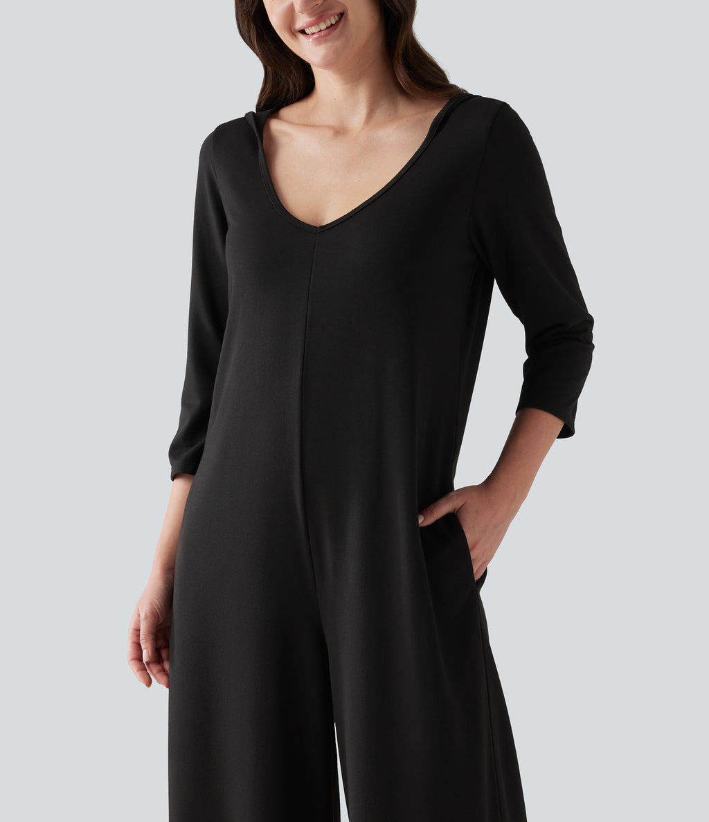 Hooded 3/4 Sleeve Baggy Relaxed Casual Jumpsuit with Pockets — Black — view 6