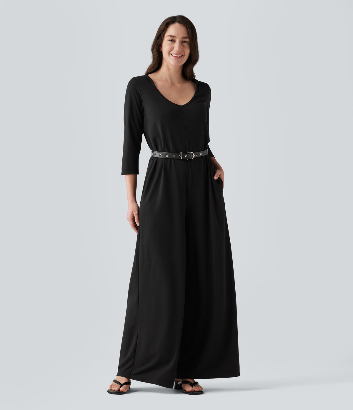 Hooded 3/4 Sleeve Baggy Relaxed Casual Jumpsuit with Pockets — Black — view 1