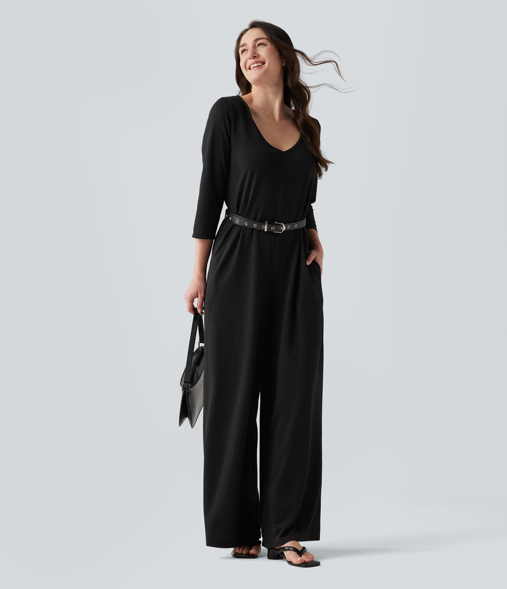 Hooded 3/4 Sleeve Baggy Relaxed Casual Jumpsuit with Pockets — Black — view 4
