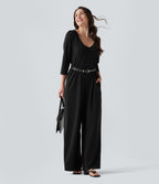 Hooded 3/4 Sleeve Baggy Relaxed Casual Jumpsuit with Pockets — Black — view 4