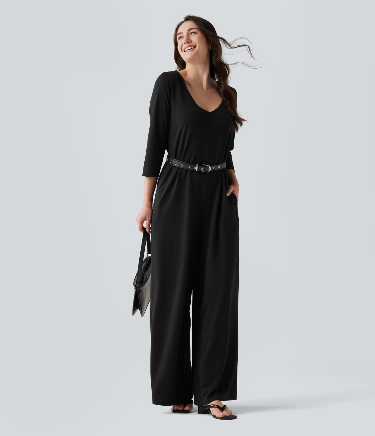 Hooded 3/4 Sleeve Baggy Relaxed Casual Jumpsuit with Pockets — Black — view 4