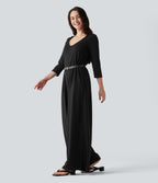Hooded 3/4 Sleeve Baggy Relaxed Casual Jumpsuit with Pockets — Black — view 3