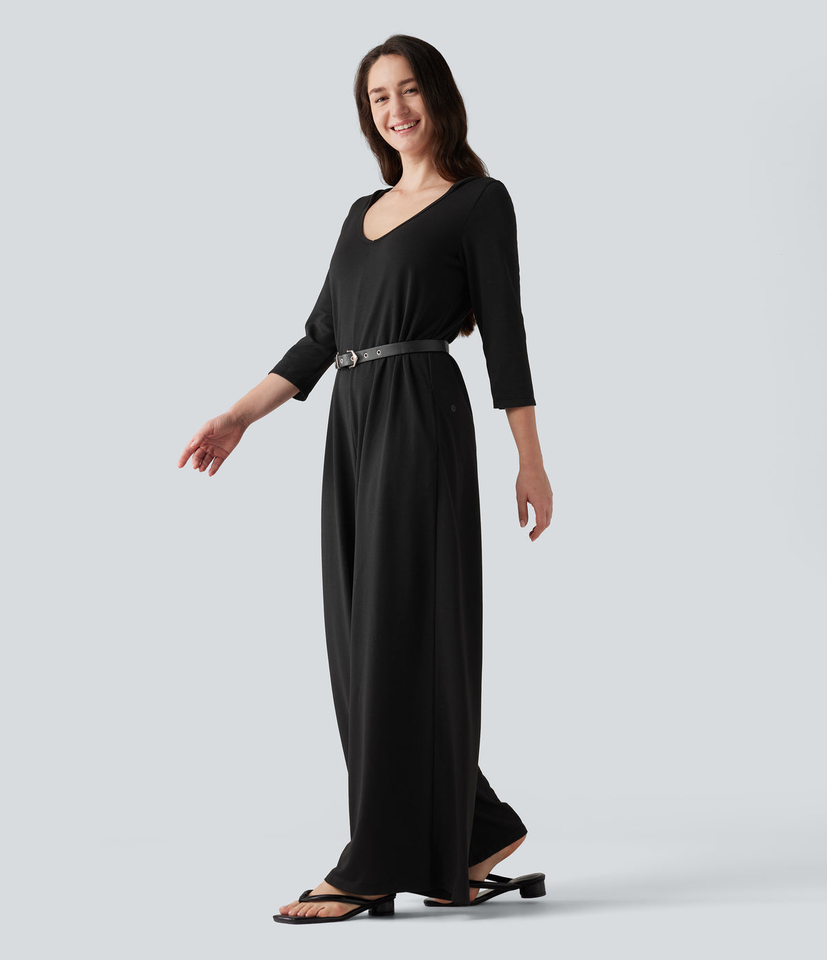 Hooded 3/4 Sleeve Baggy Relaxed Casual Jumpsuit with Pockets — Black — view 3