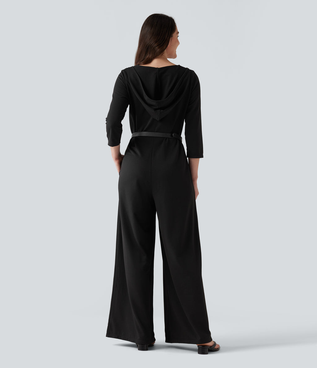 Hooded 3/4 Sleeve Baggy Relaxed Casual Jumpsuit with Pockets — Black — view 2