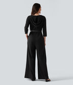 Hooded 3/4 Sleeve Baggy Relaxed Casual Jumpsuit with Pockets — Black — view 2