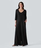 Hooded 3/4 Sleeve Baggy Relaxed Casual Jumpsuit with Pockets — Black — view 5