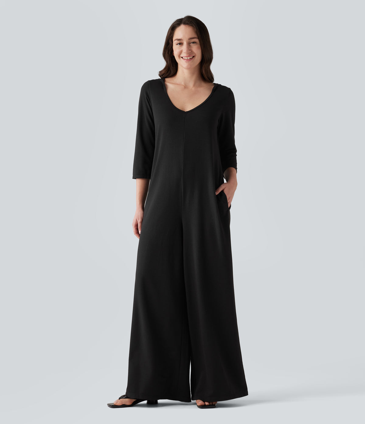 Hooded 3/4 Sleeve Baggy Relaxed Casual Jumpsuit with Pockets — Black — view 5