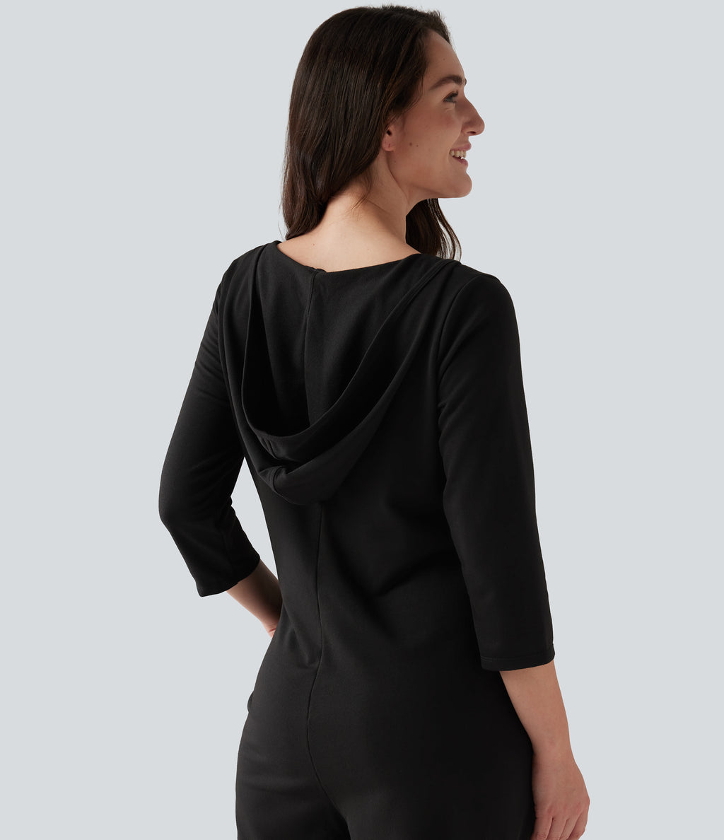 Hooded 3/4 Sleeve Baggy Relaxed Casual Jumpsuit with Pockets — Black — view 7