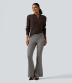 V-Shaped High Waisted Asymmetric Wrinkle Recovery Flare Work Trousers with Pockets — Silent Storm — view 5