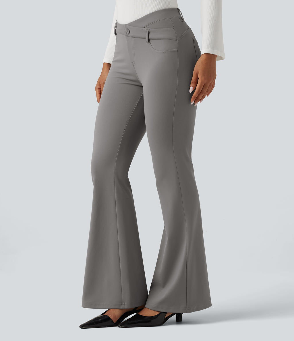 V-Shaped High Waisted Asymmetric Wrinkle Recovery Flare Work Trousers with Pockets — Silent Storm — view 3