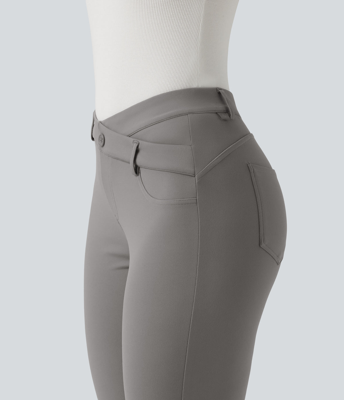 V-Shaped High Waisted Asymmetric Wrinkle Recovery Flare Work Trousers with Pockets — Silent Storm — view 8
