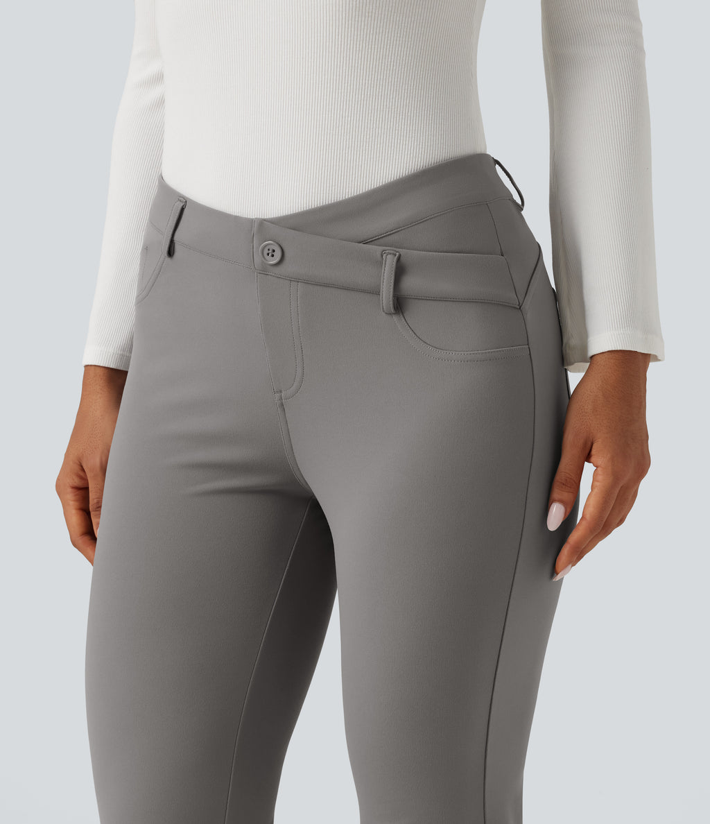V-Shaped High Waisted Asymmetric Wrinkle Recovery Flare Work Trousers with Pockets — Silent Storm — view 6