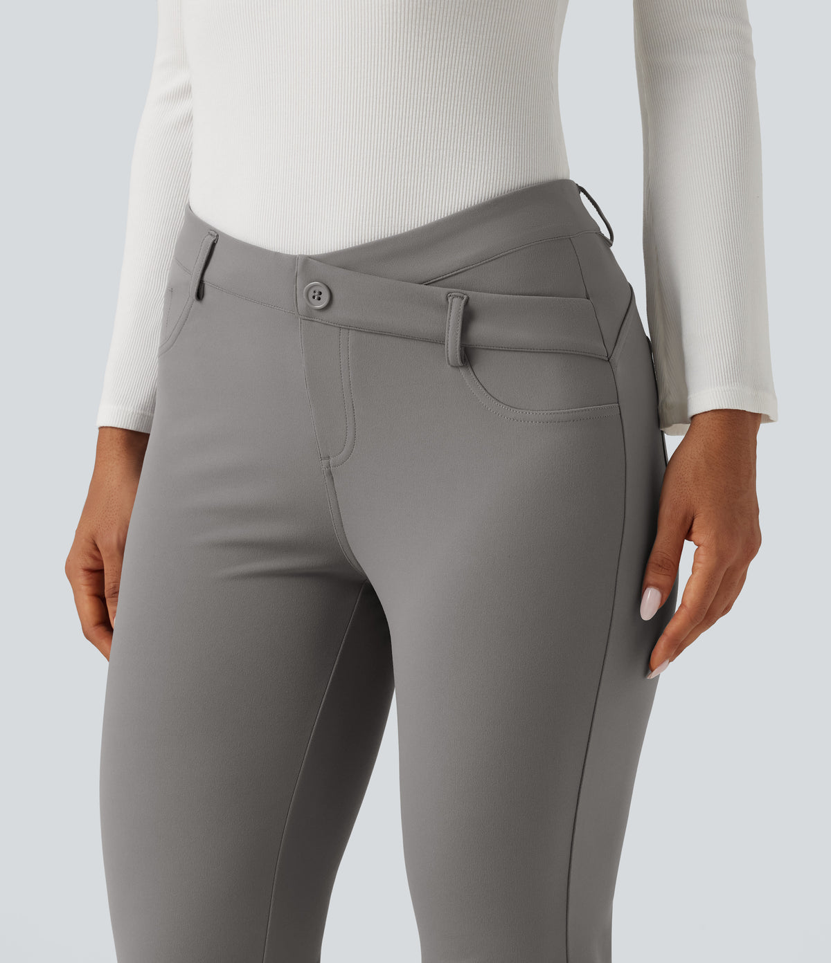 V-Shaped High Waisted Asymmetric Wrinkle Recovery Flare Work Trousers with Pockets — Silent Storm — view 6