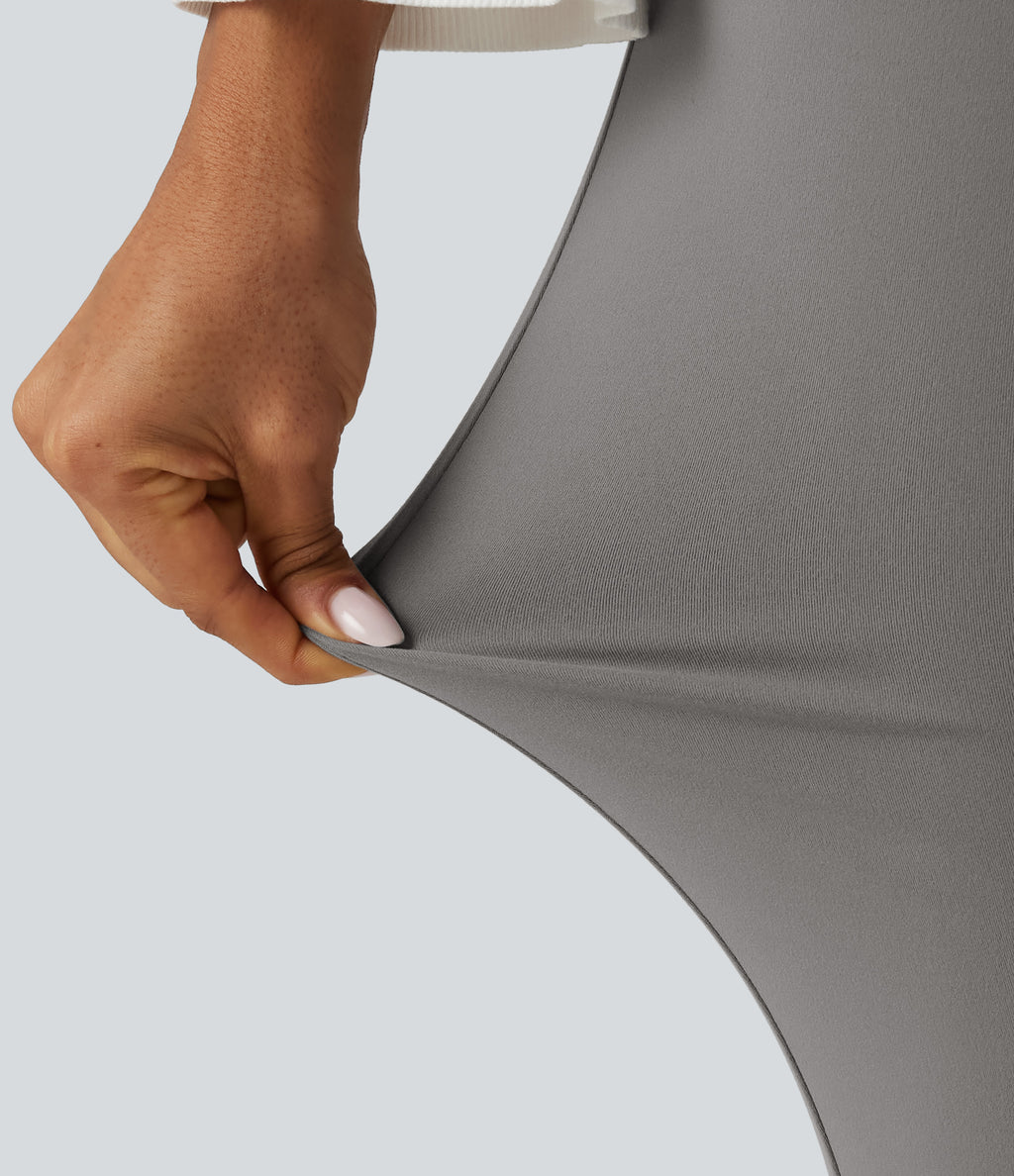 V-Shaped High Waisted Asymmetric Wrinkle Recovery Flare Work Trousers with Pockets — Silent Storm — view 4