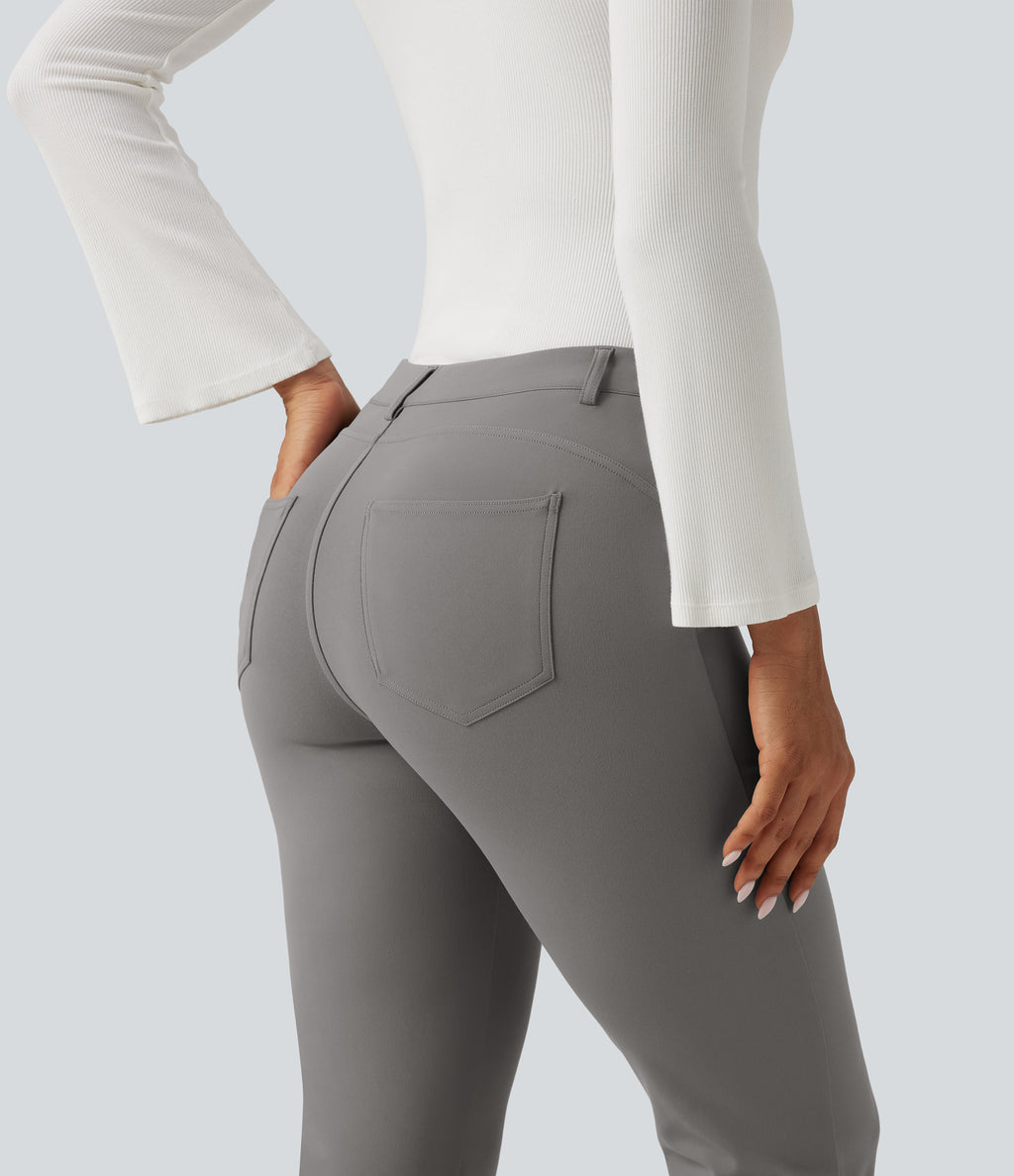 V-Shaped High Waisted Asymmetric Wrinkle Recovery Flare Work Trousers with Pockets — Silent Storm — view 7