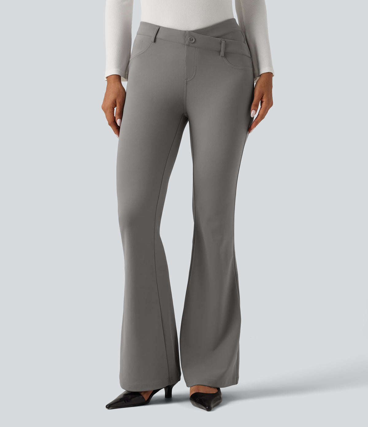 V-Shaped High Waisted Asymmetric Wrinkle Recovery Flare Work Trousers with Pockets — Silent Storm — view 1