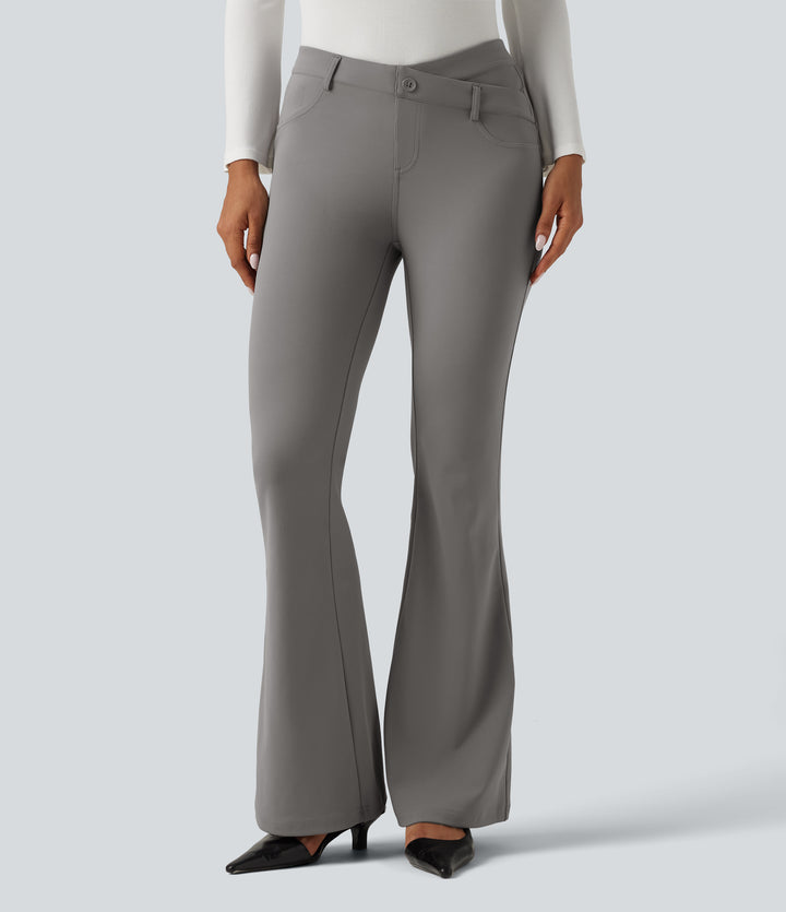 V-Shaped High Waisted Asymmetric Wrinkle Recovery Flare Work Trousers with Pockets — Silent Storm — view 1