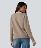 V Neck Contrast Lace Dropped Long Sleeve Casual Jumper — Oatstone Beige — view 3