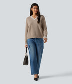 V Neck Contrast Lace Dropped Long Sleeve Casual Jumper — Oatstone Beige — view 7