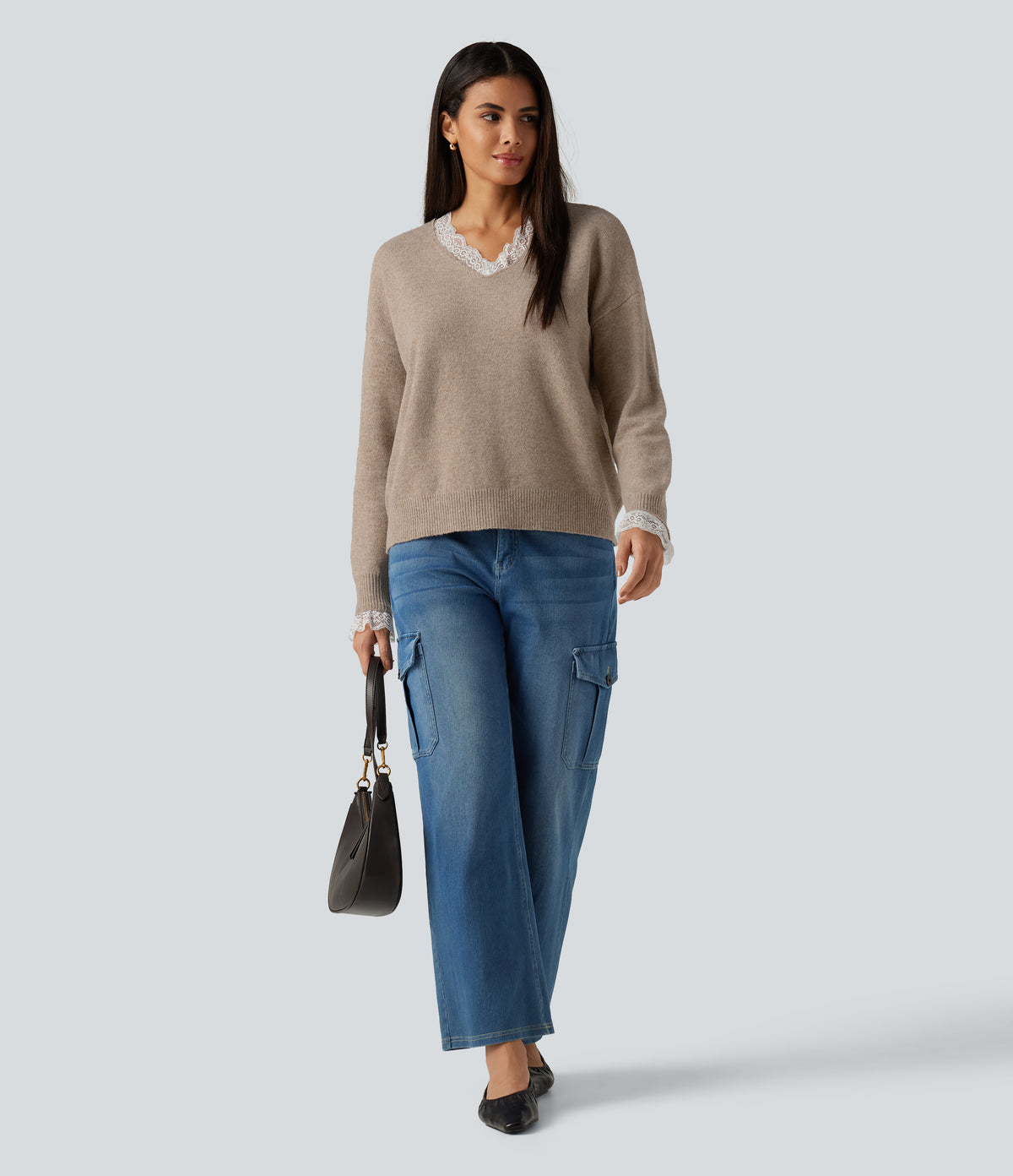 V Neck Contrast Lace Dropped Long Sleeve Casual Jumper — Oatstone Beige — view 7