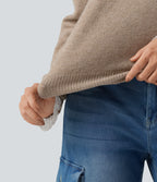 V Neck Contrast Lace Dropped Long Sleeve Casual Jumper — Oatstone Beige — view 6