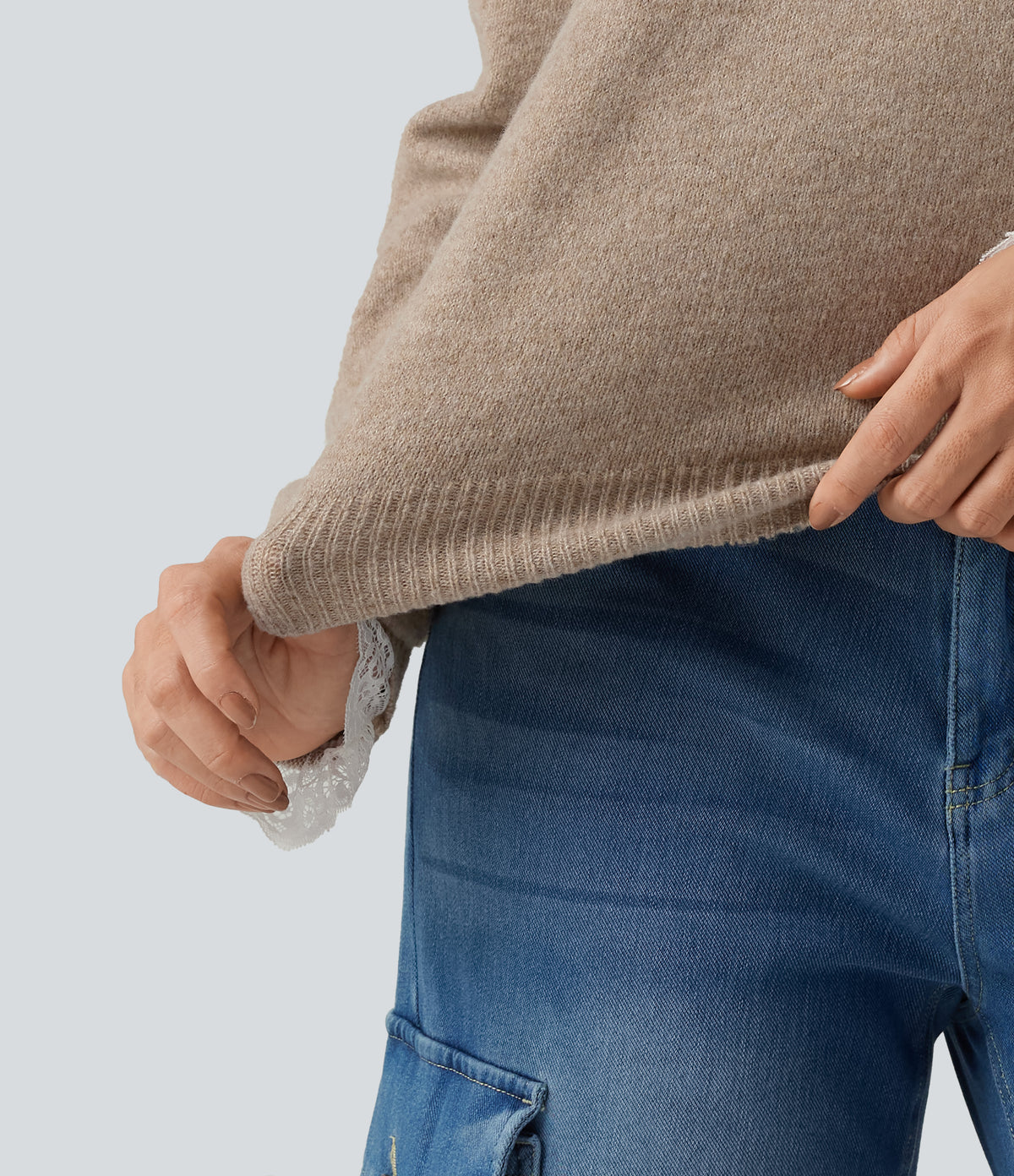 V Neck Contrast Lace Dropped Long Sleeve Casual Jumper — Oatstone Beige — view 6