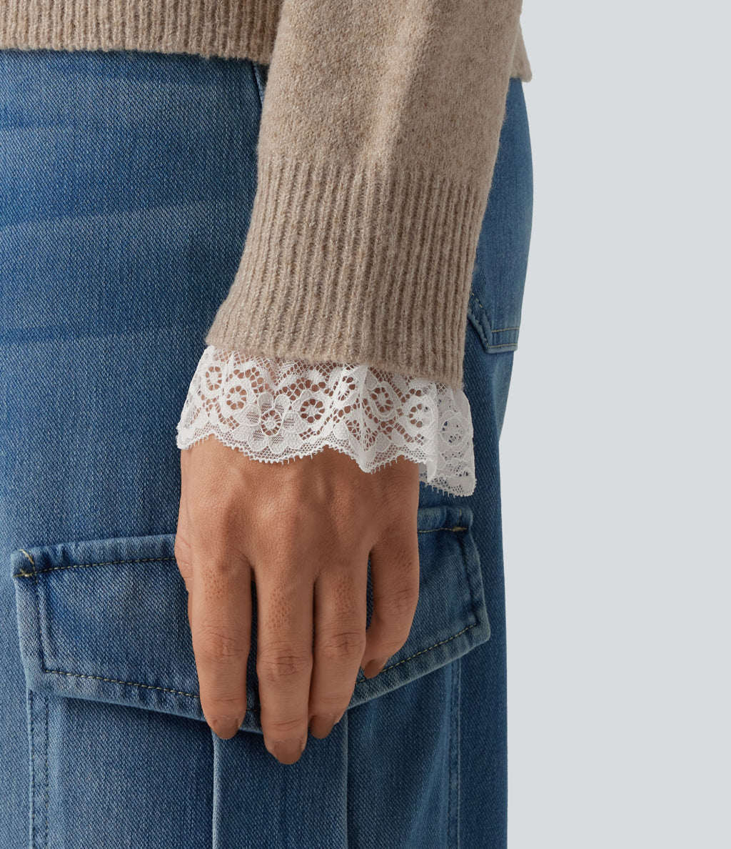 V Neck Contrast Lace Dropped Long Sleeve Casual Jumper — Oatstone Beige — view 5