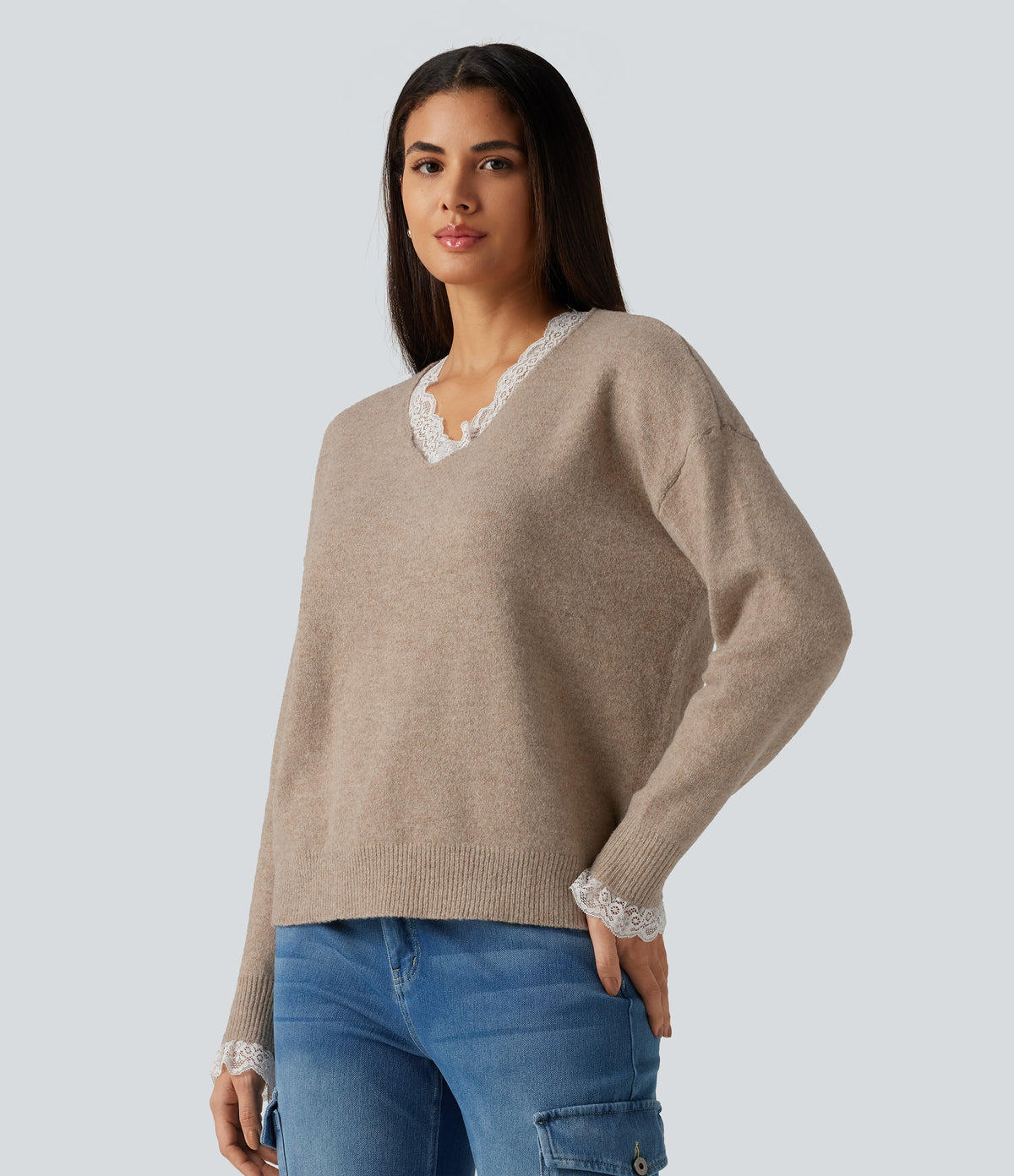 V Neck Contrast Lace Dropped Long Sleeve Casual Jumper — Oatstone Beige — view 4
