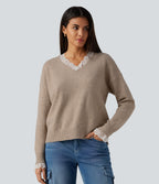 V Neck Contrast Lace Dropped Long Sleeve Casual Jumper — Oatstone Beige — view 2