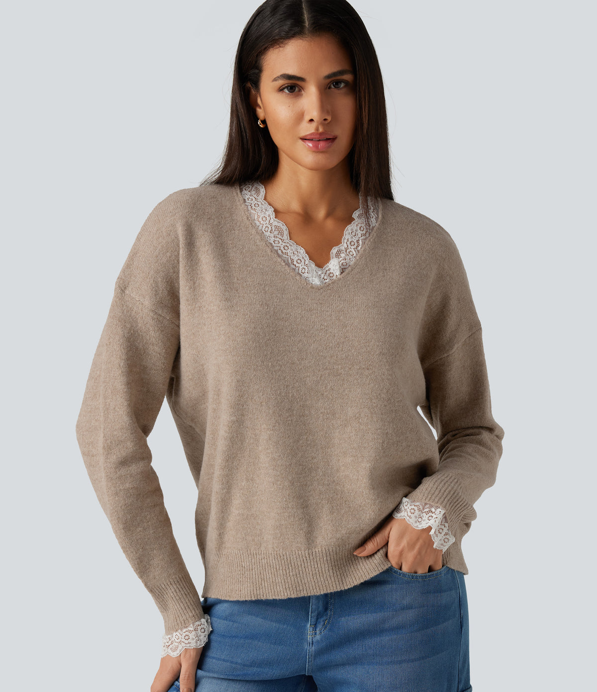 V Neck Contrast Lace Dropped Long Sleeve Casual Jumper — Oatstone Beige — view 1
