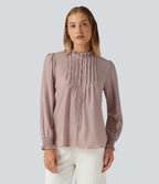 Ruffled Mock Neck Pleated Puff Long Sleeve Work Blouse — Fawn — view 2